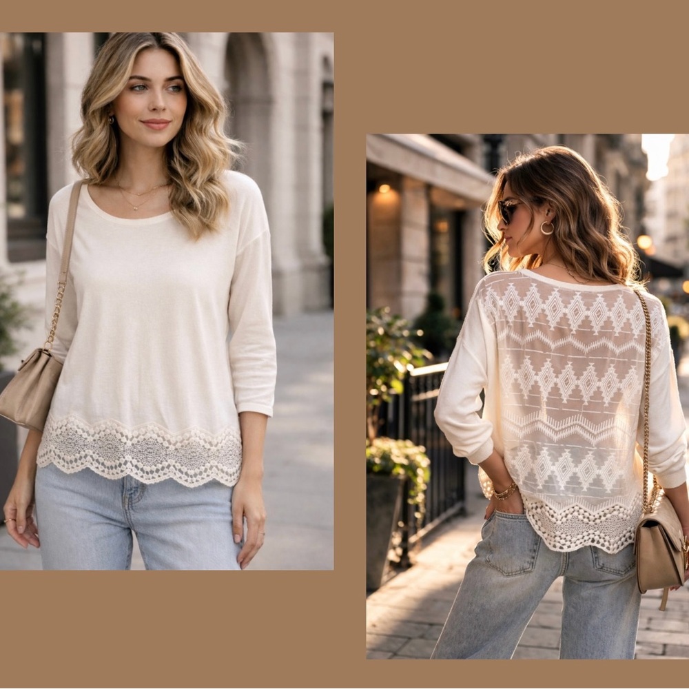 Joie Anthropologie White Lace Silk detail on Hem Top